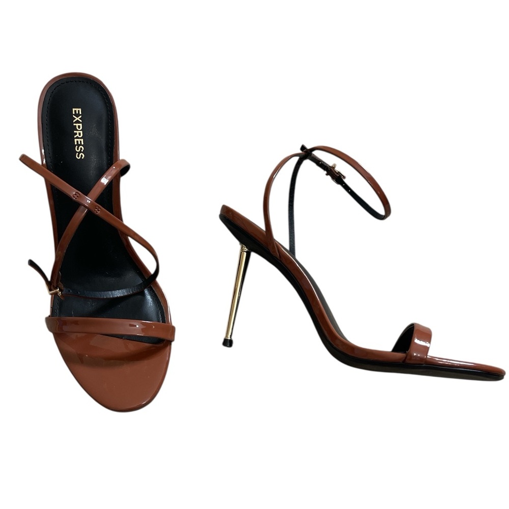 Sexy Chic Express Brown Patent Stiletto Gold Heels with Ankle Straps